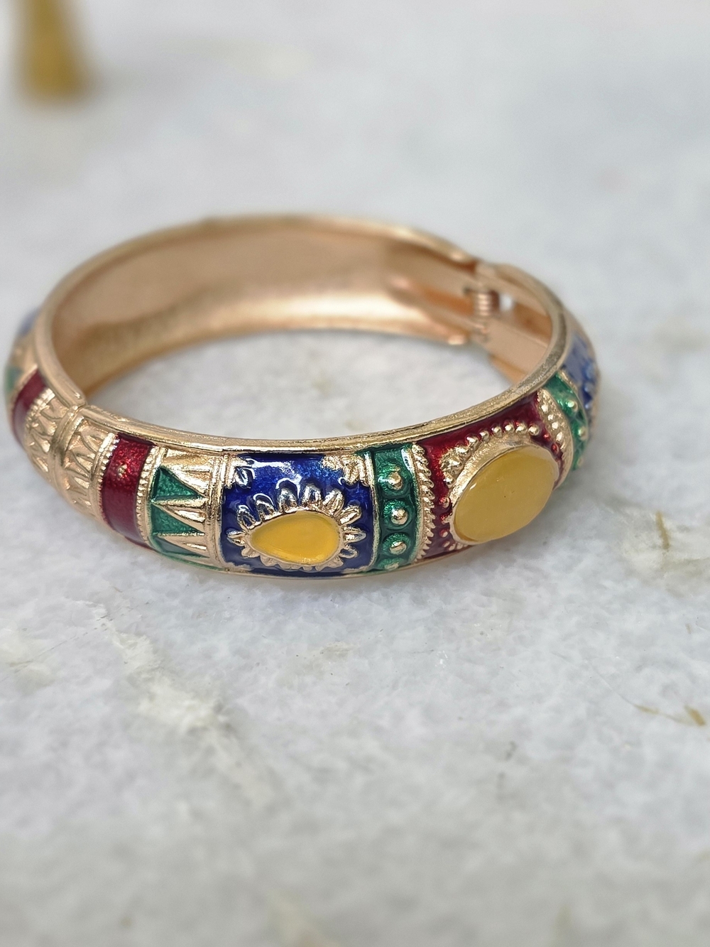 Jiu Long Xing Vintage Multicolor Enamel Cloisonne Hinged Bangle Bracelet Gold Bo